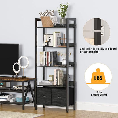 Furologee 5-Tier Bookshelf, Tall Bookcase with 2 Storage Drawers, Industrial Display Standing Shelf Units, Wood and Metal Storage Shelf for Living Room, Bedroom, Home Office, Black Oak