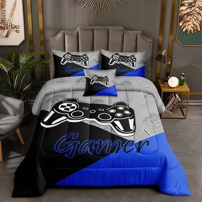 6 Pieces Bed in A Bag Gamer Bedding Set for Boys Kids Adult Gaming Comforters Set,Boys Bed in A Bag Set Full Size Comforter with Fitted Shee Flat Sheet Pillowcase pillowsham,DJT5002Full