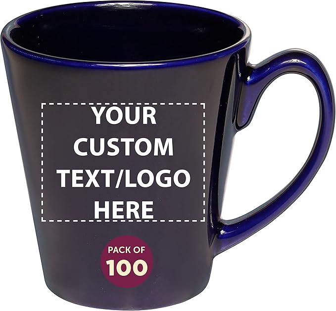 DISCOUNT PROMOS Custom Glossy Ceramic Latte Coffee Mug 12 oz. Set of 100, Personalized Bulk Pack - Perfect for Tea, Espresso, Cappuccino, Hot Cocoa - Blue