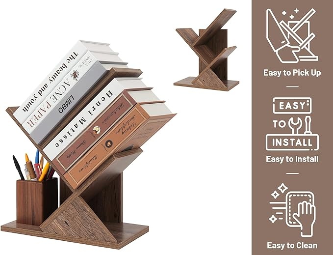 Labcosi 2 Tier Tree Bookshelf, Small Bookshelf for Storing Books/CDs, Wood Book Organizer Shelves for Home Office, Bedroom, Living Room, Rustic Brown