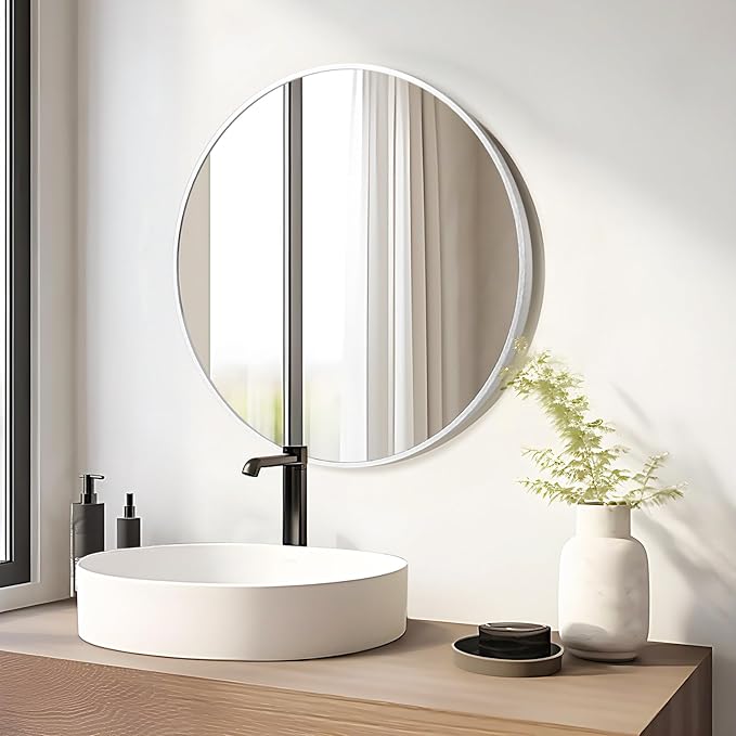 Fabuday Silver Round Mirror 28 Inch - Big Circle Mirror for Bathroom, Living Room, Hallway, Entryway, Matte Aluminum Frame Circular Mirrors for Wall Decor