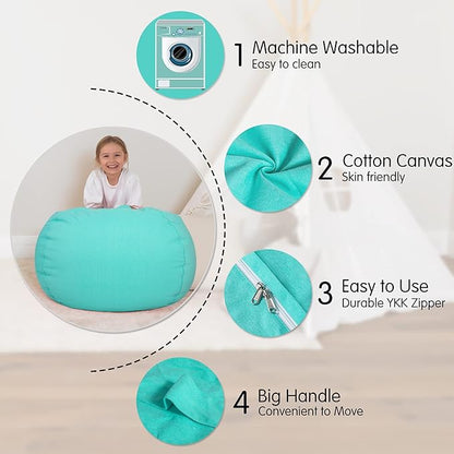 Aubliss Stuffed Animal Bean Bag Storage Chair, Beanbag Covers Only for Organizing Plush Toys, Turns into Bean Bag Seat for Kids When Filled, Medium 32"-Canvas Solid Aqua