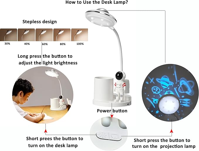 Desk Lamp for Teens Astronaut Desk Lamp with Projection Light and Pen Holder, Kids LED Desk Lamp for Bedroom Reading, Stepless Dimming Desk Lamp Eye-Caring for Studying