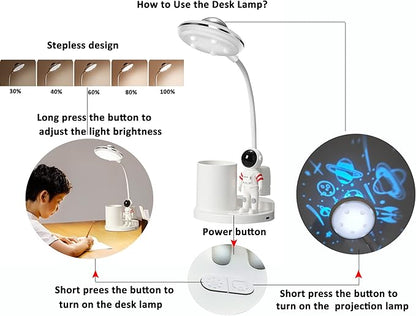 Desk Lamp for Teens Astronaut Desk Lamp with Projection Light and Pen Holder, Kids LED Desk Lamp for Bedroom Reading, Stepless Dimming Desk Lamp Eye-Caring for Studying