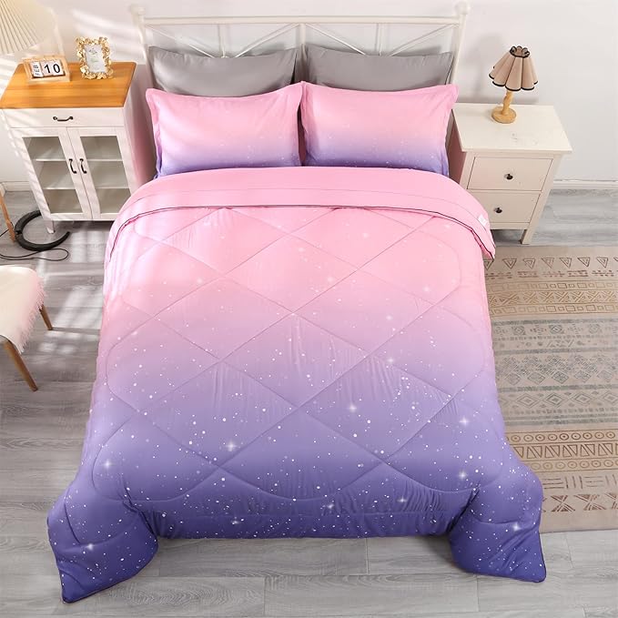 Wowelife Pink Bedding Set Twin Comforter Set for Girls 5 Pieces Glitter Galaxy Comforter Set Purple Rainbow Twin Bedding Set with Sheets Comfortable and Breathable for Kids