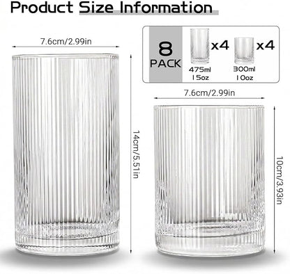 JOVGANK Drinking Glasses Set of 8 – Lead-Free Crystal Glassware, 4 Tall 15oz & 4 Short 10oz Vintage Ribbed Tumbler Glasses, Dishwasher Safe, for Juice Beer Cocktails, Great Housewarming Gift, Set A
