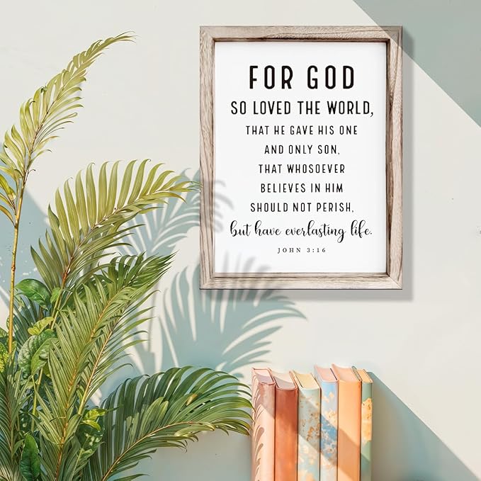 Christian Wooden Sign, Living Room Decors, Bible Verse Decor, Rustic Home Decor, Religious Artwork for Wall, Framed Wall Plaque Sign 15 * 11.5 inches, For God So Loved the World