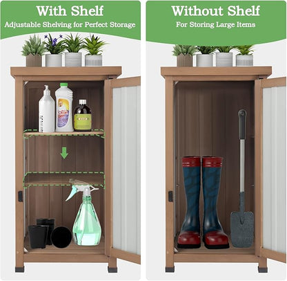Outdoor Storage Cabinet Waterproof with Metal Top, Wooden Potting Bench Table Tool Organizer with Adjustable Shelf for Patio Backyard Garden