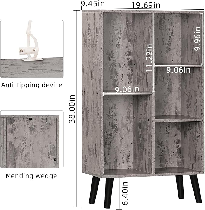 5 Cube Small Bookshelf,3 Tier Mid-Century Modern Bookcase with Legs,Wood Bookshelves Storage Organizer Shelf,Free Standing Narrow Book Shelves,Rustic Grey Corner Bookcases for Bedroom,Living Room