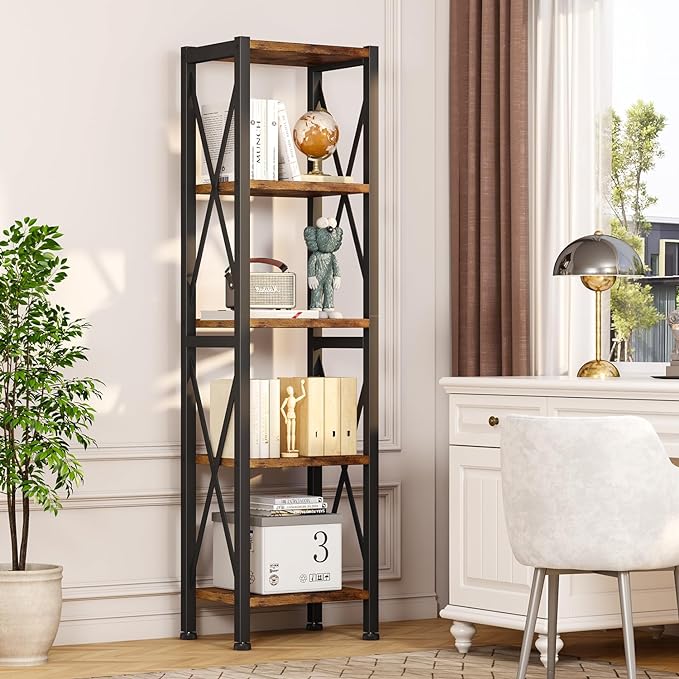 5-Tier Narrow Bookshelf, Ladder Bookshelf, Tall Bookshelf for Bedroom with Open Shelves, Office Bookshelf, Industrial Standing Bookshelf for Bedroom, Living Room and Home Office
