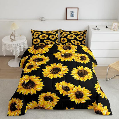 3D floral Comforter Set Queen for Kids Girls Women Yellow Flowers Bedding Set Sunflower Pattern Decor Quilted Duvet Set Botanical Floral Print on Black Down Comforter Garden Bloom Bed with pillowcases