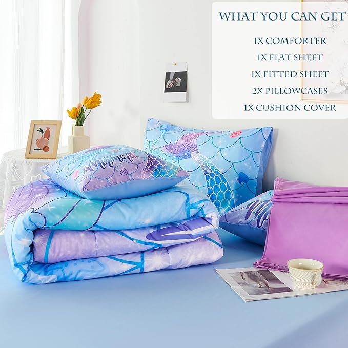 URBONUR 6 Piece Mermaid Tail Comforter Set Full Size, Mermaid Fish Scale Bedding Set for Girls Ombre Purple Blue Sparkle Comforter with Sheets Set Soft All Season Room Decor Bed Set