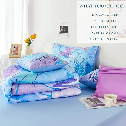 URBONUR 6 Piece Mermaid Tail Comforter Set Full Size, Mermaid Fish Scale Bedding Set for Girls Ombre Purple Blue Sparkle Comforter with Sheets Set Soft All Season Room Decor Bed Set