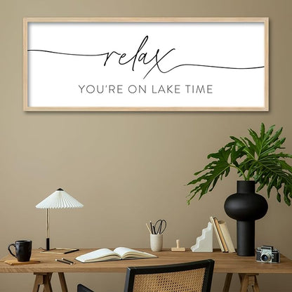 SRSZHIYUE Relax You're On Lake Time Wall Decor Above Bed Sign 32"×12" for Lake House Bedroom Over Bed Large Wood Framed Hanging Art (Wood)