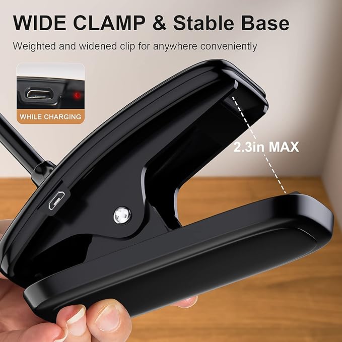 DEEPLITE LED Desk Lamp Clip on Lamp Battery Powered Clip on Light Book Light for Bed, Eye-Caring Flexible Arm Memory Touch 3 Color Modes & Stepless Brightness Portable Reading Light for Study Work.