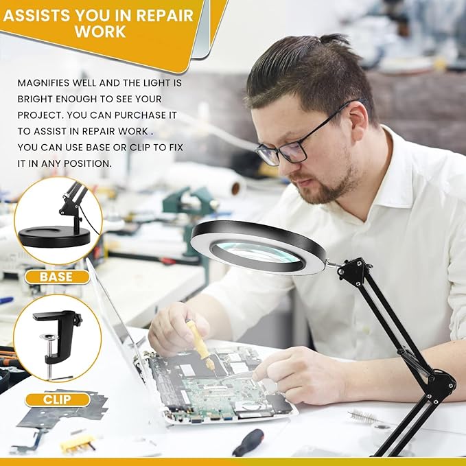 Magnifying Glass with Light and Stand - 2-in-1 Stepless Dimmable LED Magnifying Desk Lamp with Clamp - 3 Color Modes Lighted Magnifier Lens Swivel Arm Light for Reading, Craft, Close Works