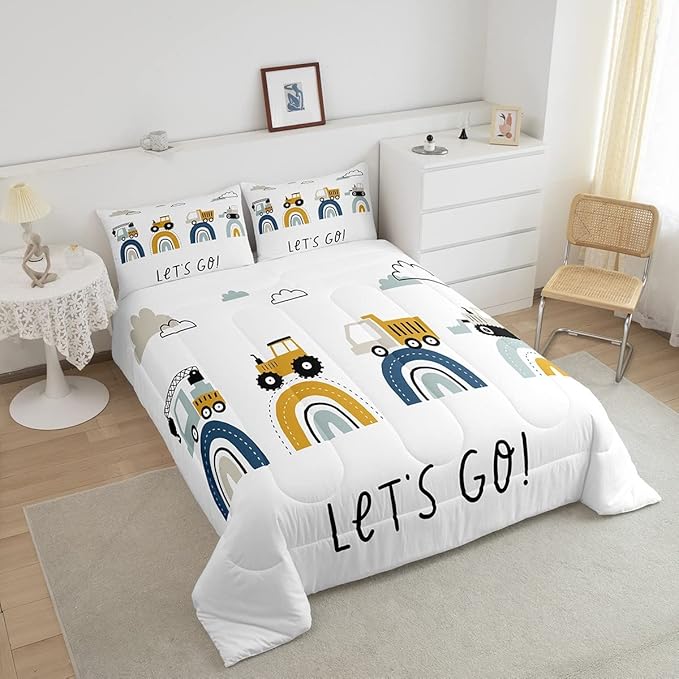 Boys Cartoon Car Comforter Set, Kids Construction Vehicles Comforter for Kids Children Cartoon Rainbow Truck Bedding Set Cute Cars Soft Quilt Set Bedroom Collection 3Pcs Full Size