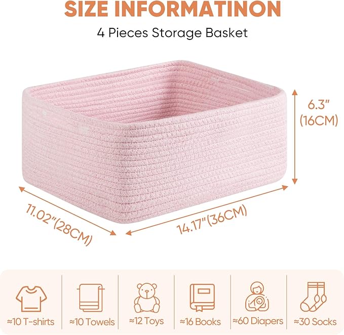 OIAHOMY 4 Pack 14.17*11.02*6.3IN Storage Baskets for Organizing Shelves, Woven Rope Baskets for Organizing Books, Clothes, Decorative Basket for Living Room, Nursery, Bedroom, Gift Basket, Pink