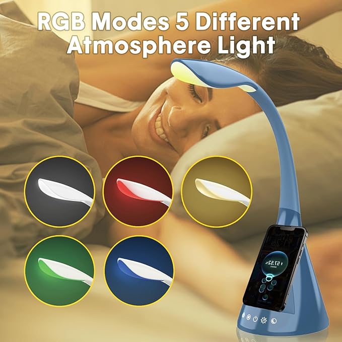Led Desk Lights for Bedroom Flexible Gooseneck Table Lamp with Wireless Charger Touch Dimmable Night. Simple Modern Smart Floor Light with 5 Color Brightness and 5 RGB Colorful Ambient Lighting