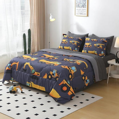 Wajade 7 Piece Construction Truck Kids Comforter Set for Boys Full Size 3D Vehicles Excavator Cars Bedding Set for Kids Teens(1 Comforter, 1 Flat Sheet, 1 Fitted Sheet, 2 Pillowcase and 2 Pillow Sham)