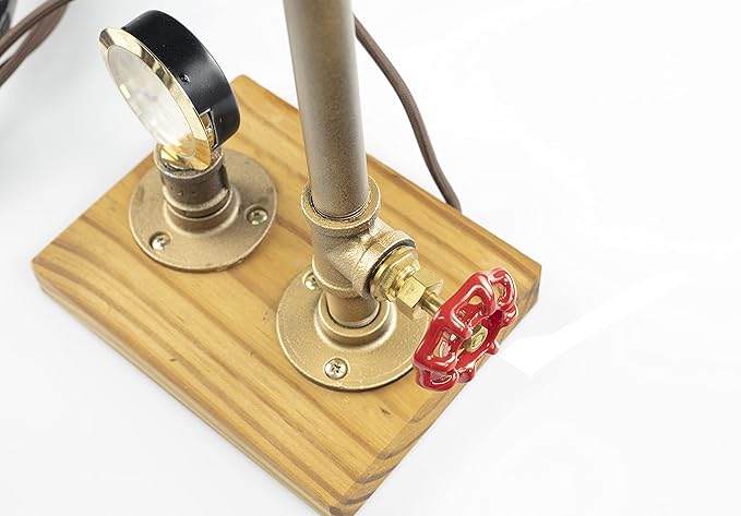 Steampunk Lamp with Dimmer, Dimmable Loft Style Industrial Vintage Antique Style Light with Bulb, Clock, Wood Base with Iron Piping Desk Lamp, Retro Desk Lamp LL-031