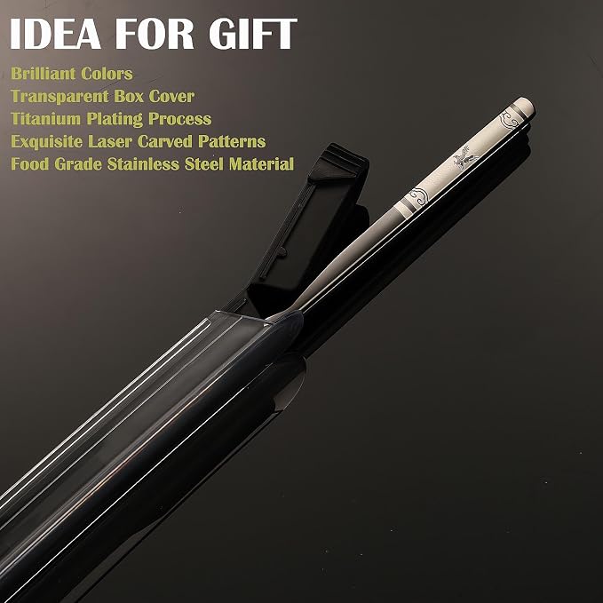 Stainless Steel Chopsticks with Case,2 Pairs Metal Blue Eagle Black Phoenix | Reusable,Portable,Come in a Set,Durable Case lightweight,Beginner friendly, Suitable for School,Home,Office,Bento Box