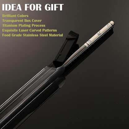 Stainless Steel Chopsticks with Case,2 Pairs Metal Blue Eagle Black Phoenix | Reusable,Portable,Come in a Set,Durable Case lightweight,Beginner friendly, Suitable for School,Home,Office,Bento Box