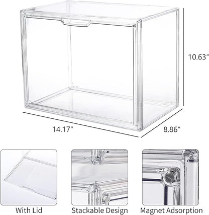 FABROK 2Pcs Clear Book Storage Organizer Box, Plastic Stackable Book Display Case with Magnetic Door, Assemble Storage Showcase for Toy Dolls, Books, Shoes Organizing
