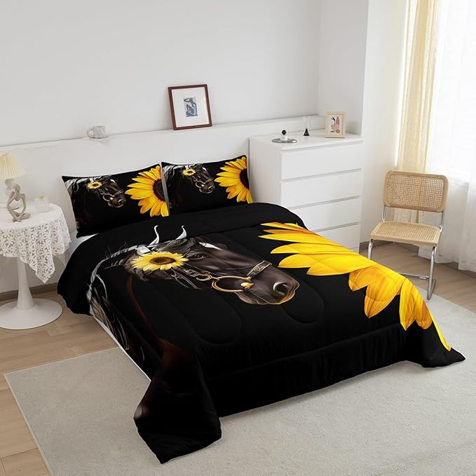 Erosebridal Horse Comforter Set Twin,Sunflower Horse Bedding set for Boys Girls Teens Adults,Western cowboy Farmhouse Down Comforter farm animal Quilt Duvet Sets Bedroom Decor 1 Pillow Case Black