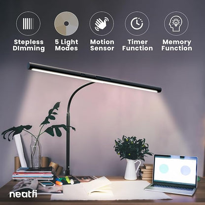Neatfi LED Desk Lamp with Clamp and Base, Motion Sensor, Touch Control, 1100 Lumens, 5 Brightness Levels, 5 Light Modes, Steplessly Adjustable, 60-min Timer, Ideal for Home, Study, Reading (Black)