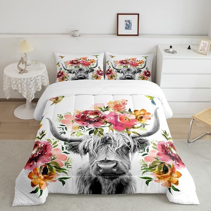 Erosebridal Highland Cow Floral Comforter Set Twin Size Bull Cattle Flower Bedding Set Wildlife Farmhouse Cow Quilt Hummingbird Duvet Insert Soft All Season White Down Comforter with 1 Pillowcase