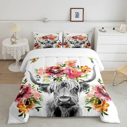 Erosebridal Highland Cow Floral Comforter Set Full Size Bull Cattle Flower Bedding Set Wildlife Farmhouse Cow Quilt Hummingbird Duvet Insert Soft All Season White Down Comforter with 2 Pillowcases