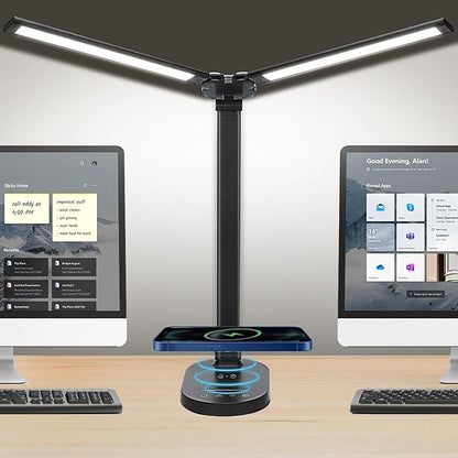 Lightess LED Desk Lamp with Wireless Charger, USB Charging Port, Adjustable Foldable Dual Swing Arm Desk Light Dimmable Eye-Caring Desk Lamp, Touch Control, Home Office Desk Lights for Work Study