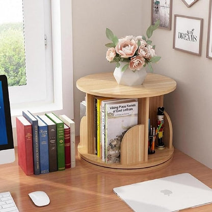 Gdrasuya10 Small Rotating Bookshelf with Legs, 360° Rotating Bookshelf Organizer Wooden Storage Bookshelf Desk Supplies Organizer for Small Spaces Open Book Shelf for Home