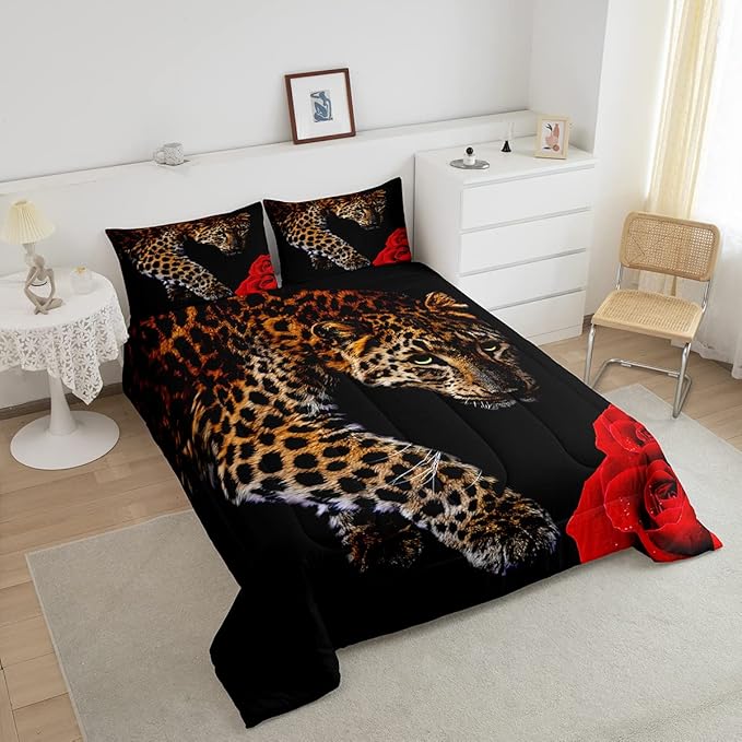 Erosebridal Leopard Comforter Set Twin Size,Red Rose Cheetah Bedding Set,Cat Leopard Print Down Comforter, Romantic Floral Quilted Duvet, Safari Animal Quilt Set, Stylish Bedroom Decor, Black