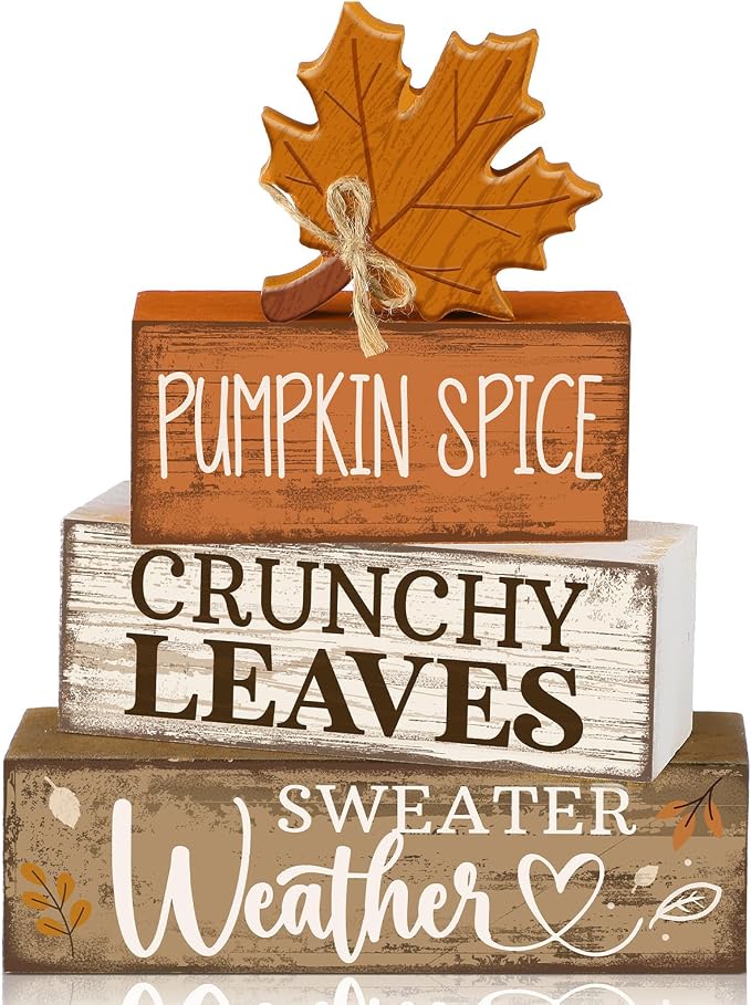 Moucuny 4 Pcs Fall Decor Wooden Maple Leaf Decoration Thanksgiving Tiered Tray Decor Rustic Wooden Maple Leaf Block Sign Thanksgiving Table Centerpiece Farmhouse for Autumn Harvest Party Kitchen Home