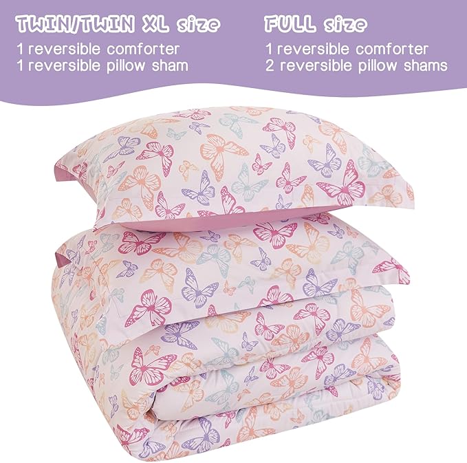 Butterfly Kids Comforter Set for Girls Full Size, Cute Reversible Quilted Lavender Printed Bedding Set with Pillow Sham, Lightweight Soft Breathable Machine Washable Bed Set 3 Piece
