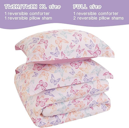 Butterfly Kids Comforter Set for Girls Full Size, Cute Reversible Quilted Lavender Printed Bedding Set with Pillow Sham, Lightweight Soft Breathable Machine Washable Bed Set 3 Piece
