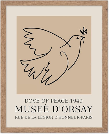 Poster Master Vintage Poster - Retro Minimalist Print - Gift for Artist, Friend - Dove Of Peace, Line Drawing, Sketch, Abstract - Wall Decor for Living Room, Bedroom, 11x14 Beige Framed