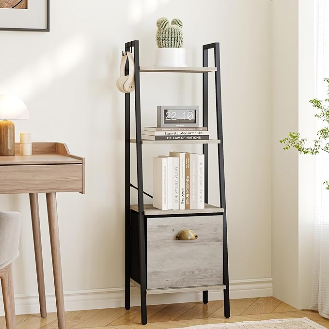 Narrow Bookshelf Bookcase with Drawer, Ladder Shelf with 2 Hooks, Bookshelves Storage Organizer, Freestanding Display Standing for Home Office, Bedroom, 4 Tier Greige BC19405B