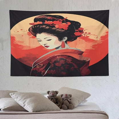 Japanese Woman Geisha Tapestry Asian Cherry Blossom Red Sun Traditional Kimono Folk Tapestries Home Decor for Living Room Bedroom Apartment Farmhouse Dorm 90"x60"