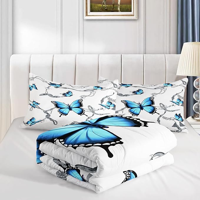 CVHOUSE Butterfly Bedding Set,Butterfly Comforter Queen,Butterfly Comforter Set for Girls Kids Teens,Butterflies Quilt Set with 1 Comforter and 2 Pillow Cases- 3 Piece
