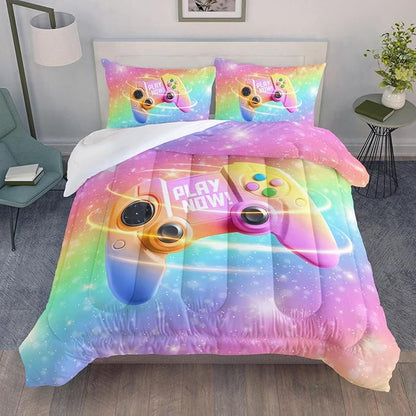 Datura home Bedding Comforter Set Rainbow Gamepad Printed Pattern Quilt with 1 and 2 Pillowcases for Girls Bedroom All Season(Rainbow Queen) Queen 90x90inches