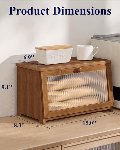 Kitsure Wooden Bread Box for Kitchen Countertop, 1-Tier, Brown | Large Capacity Kitchen Countertop Organizer, Stylish Bread Storage with Window, Multi-functional Container