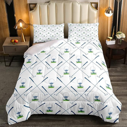 Erosebridal Golf Comforter Set Full Size Golf Club Bedding Set Sport Game Athlete Grass Leaf Branches Down Comforter for Men, Room Decorative 3 Pieces Comforter with 2 Pillow Cases, White