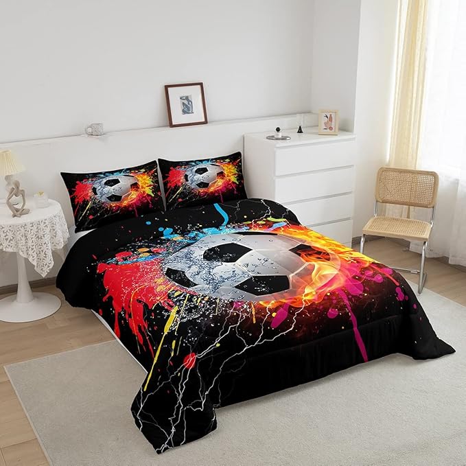 Kids Soccer Full Size Comforter Set For Boys Football Sports Bedding Set Teen Colorful Grunge Hippie Tie Dye Quilt Comforter Red Blue Water Fire Lightning Duvet Insert Lightweight Bedroom Dorm Decor