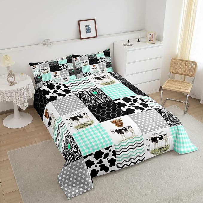 Erosebridal Cute Cow Print Comforter Set Queen Size Kawaii Highland Cow Bedding Set Bedroom Decor Honeycomb Plaid Pattern Geometric Stripes Down Comforter Farm Animals Duvet Set, Green Black Grey