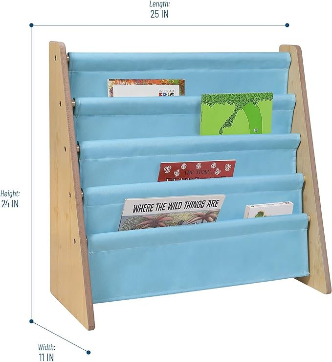 Wildkin Kids Canvas Sling Bookshelf for Boys and Girls, Wooden Design Features Four Fabric Shelves, Keep Bedrooms, Playrooms, and Classrooms Organized, an Ideal Kids Bookshelf (Natural w/Aqua)