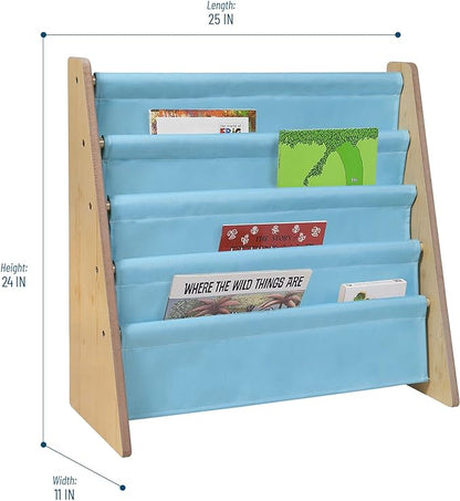 Wildkin Kids Canvas Sling Bookshelf for Boys and Girls, Wooden Design Features Four Fabric Shelves, Keep Bedrooms, Playrooms, and Classrooms Organized, an Ideal Kids Bookshelf (Natural w/Aqua)