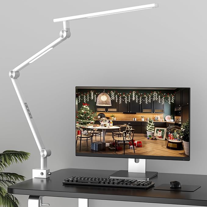 LED Desk Lamp, Desk Light for Home Office, Dual Light Source 18W Brightest, Eye-Caring Optical Lens, Office Lamp, 5 Color Modes & Brightness, Aluminum Alloy Drafting Light, Clamp Lamp, White